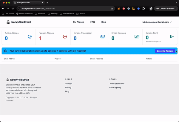 Show NotMyRealEmail dashboard for creating aliases